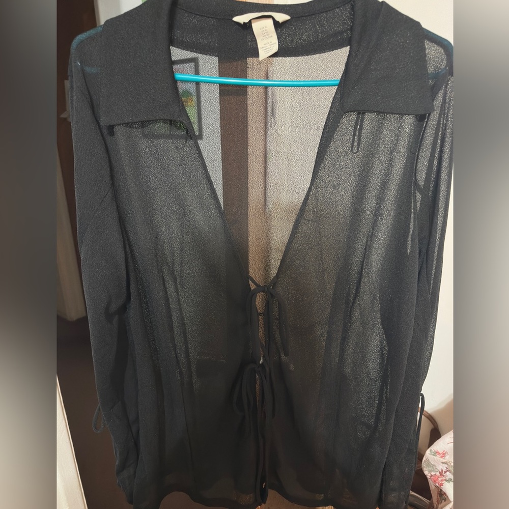 H&M sheer mesh long sleeve top with tie detail and hook